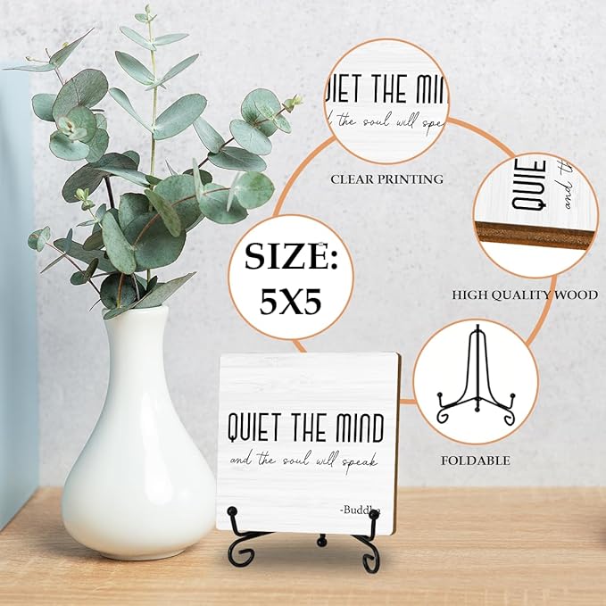 Zen Decor, Meditation Accessories, Spiritual Decorations, Zen Meditation Gifts for Office Yoga Room Bedroom Decors, Quiet The Mind And The Soul Will Speak Sign Wood Plaque with Support Stand