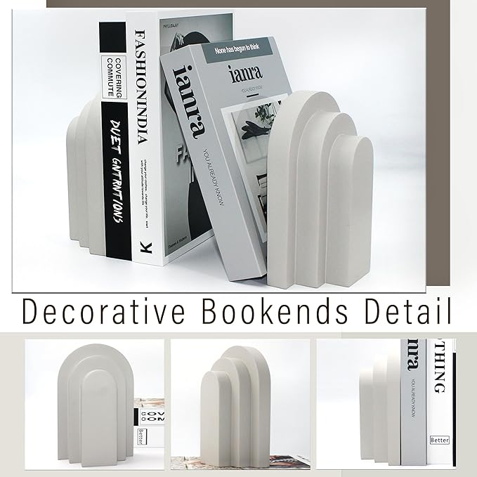 Heavy Duty Book Ends for Shelves, Decorative Bookends for Heavy Books Set of 2, 6.6 LBS Modern Book Stopper for Home Decor, Bookshelf, Aesthetic Bookend with Layered Arch Design, Gray