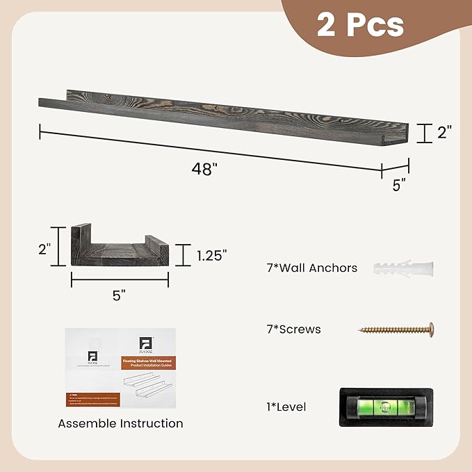 48 Inches Long Floating Shelves for Wall, Solid Pine Wood Picture Ledge Shelves, Wall Shelves with Lips, Nursery Book Shelves for Toys Storage Living Room Bedroom Photo Frames (2 Pcs, Grey)