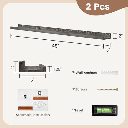 48 Inches Long Floating Shelves for Wall, Solid Pine Wood Picture Ledge Shelves, Wall Shelves with Lips, Nursery Book Shelves for Toys Storage Living Room Bedroom Photo Frames (2 Pcs, Grey)
