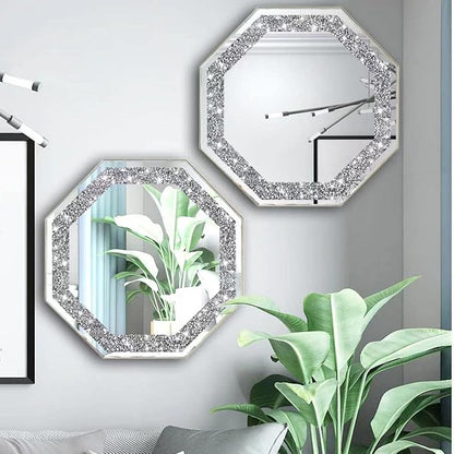 2 Piece Wall Mirrors Octagon, Crush Diamond Mirrors Wall Decor, Silver Decorative Mirrors for Living Room Decor, Bedroom, Bathroom. (12”x12”)