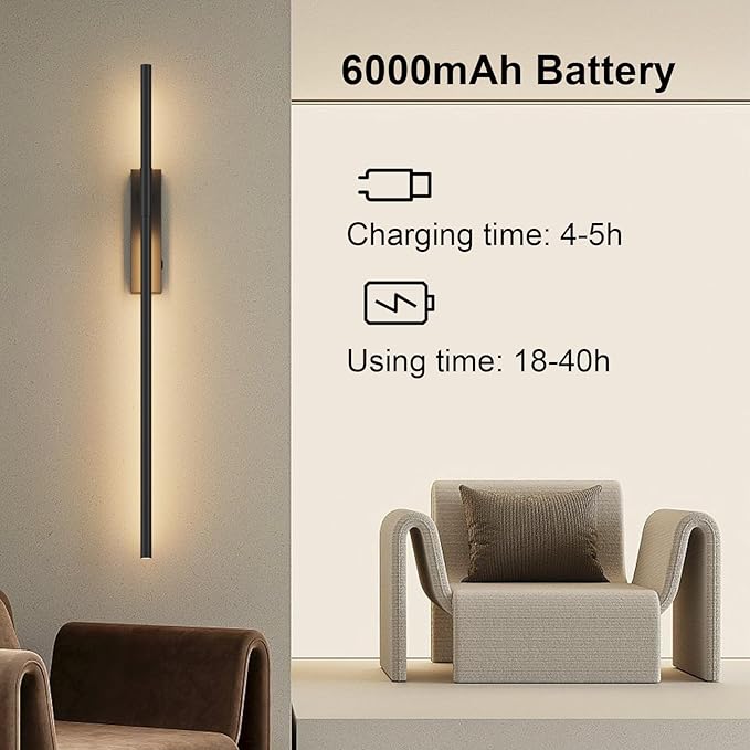 Battery Operated Wall Sconces with Remote Control, 6W 6000mAh Dimmable Wireless Wall Sconces Set of 2, Rechargeable Wall Lights Indoor for Living Room Bedroom Hallway, 32.7inch, 2 Pack,Black