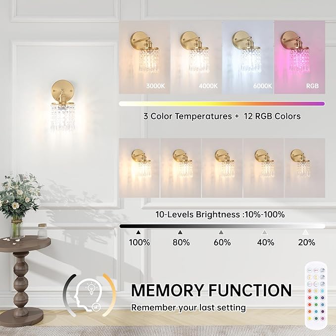 Set of 2 Crystal Battery Operated Wall Sconce, Rechargeable Battery Powered Wall Lamp with Remote Control, Modern Dimmable Wireless Wall Lights for Bedroom Bathroom(Transparent, Gold Base)