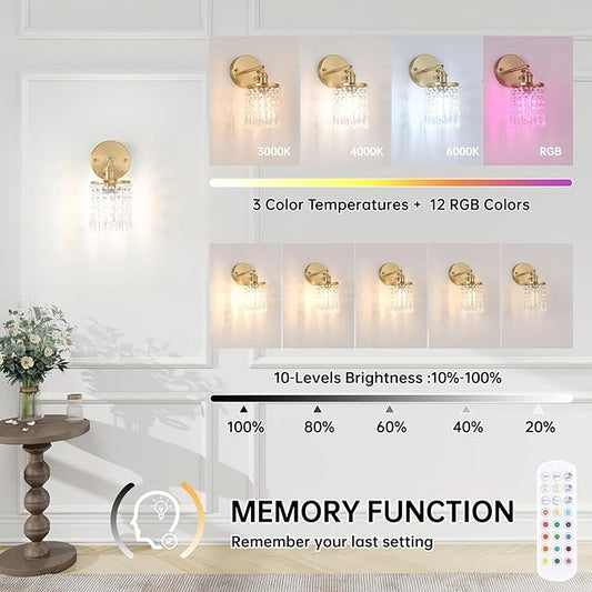 Crystal Battery Operated Wall Sconce, Rechargeable Battery Powered Wall Lamp with Remote Control, Modern Dimmable Wireless Wall Lights Fixture for Bedroom Bathroom(Transparent, Gold Base)