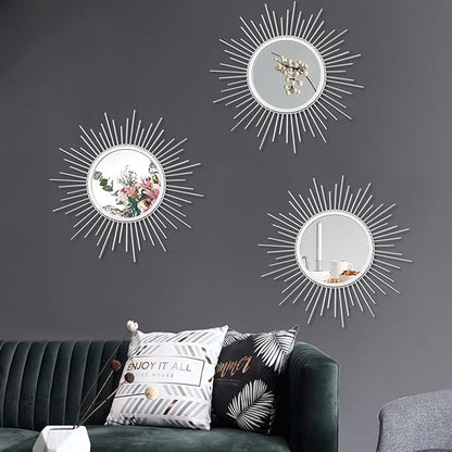 3 Pack Metal Mirrors for Wall Sunburst Wall Mirrors Home Décor Decorative Hanging Wall Art for Living Room Bedroom Entryway (Silver, Sunburst)
