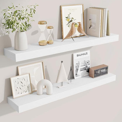 Fun Memories Floating Shelves for Room Wall, 36 Inch Long Shelf Set of 2， Hanging Wood Shelves for Storage & Display, White