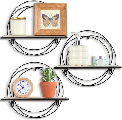 3 Pcs Floating Shelves Wall Mounted Hanging Shelf with Metal Wire and Wood, Foldable Round Shelf Wall Decor for Storage Bedroom Bathroom Living Room Kitchen Office Home Decoration (Black)