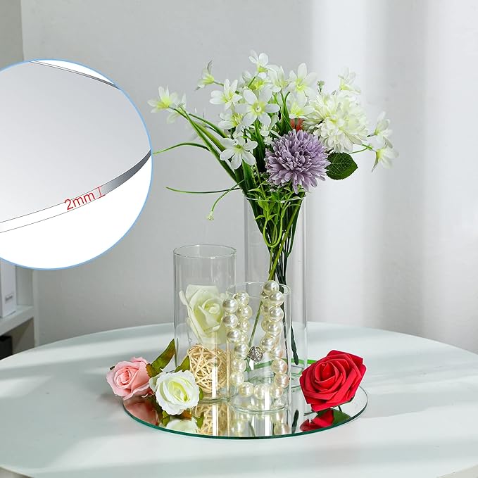 Sawysine 8 Pcs 2.6'' X 4.7'', 5.9'', 7.9'' Round Glass Mirror Trays Glass Cylinder Vase Wedding Table Flower Vase with Mirror Set Table Centerpiece Decoration for Wedding Decor Craft Baby Shower