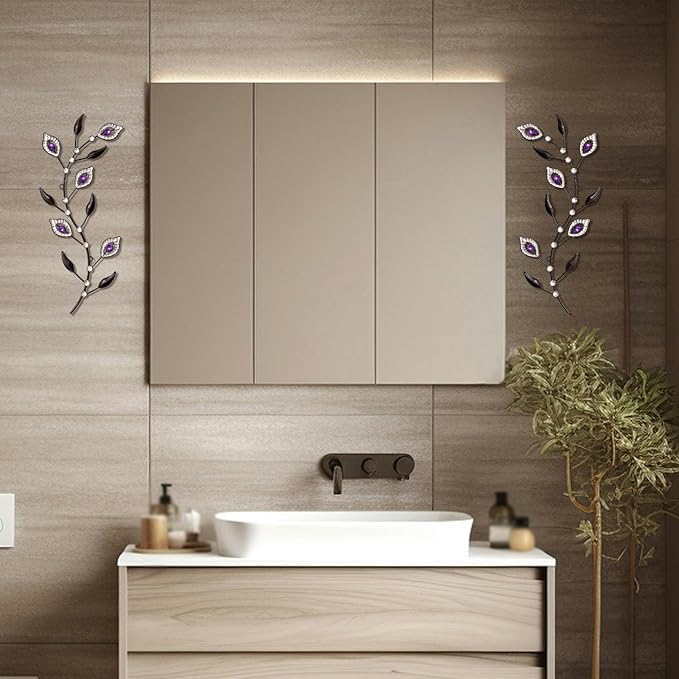 sxnzequnze 2 Pcs Metal Leaf Wall Art Crystal Bling Decorations Silver Leaves 3D Iron Handmade Home Decor Hanging Minimalist Accents Modern Set for Living Room Bathroom Bedroom Dining Room Hallway