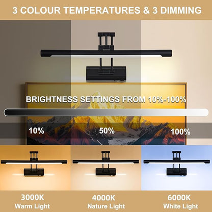 17"Battery Operated Picture Light, 5200mAh Rechargeable Wall Light for Paintings, 3-Color & Dimmable LED Art Light with 270° Rotate Arm, Cordless Frame Lighting for Gallery, Living Room, Black