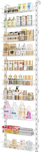 MIAOLI Over the Door Pantry Organizer, 10-Tier Adjustable Spice Rack Cabinet Door Shelves, Hanging Seasoning Organizer for Kitchen Bathroom, Laundry Room Organization, White