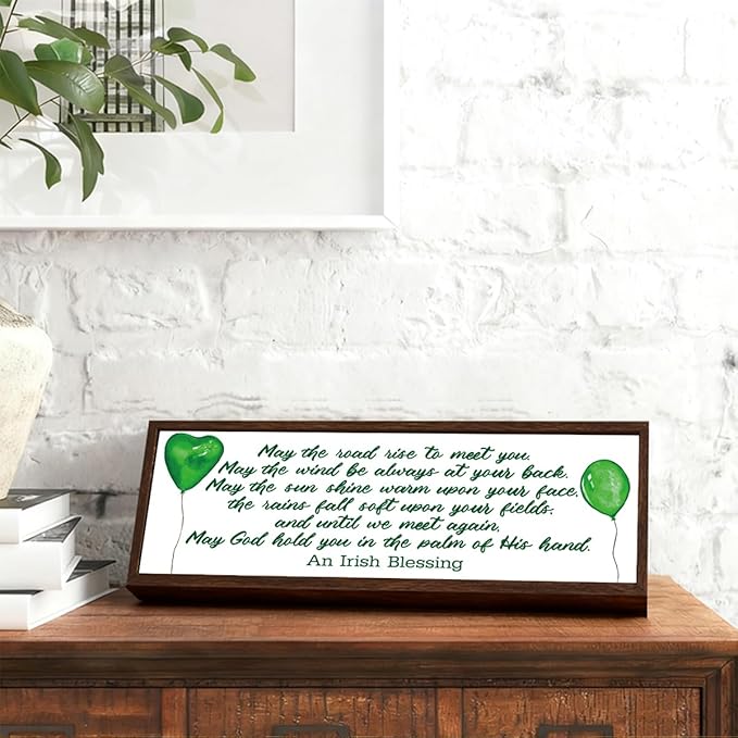 Irish Prayer Sign, Green Wood Signs, Rustic Framed Desk Decor, St.Patrick's Day Wooden Box Sign for Home Bedroom Office Shelf Table Decor, Irish Blessing Signs Gift, 9.5x3.1x1 inches