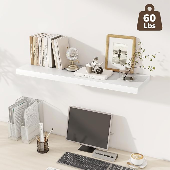Fun Memories 12 Deep Floating Shelves, 40W x 12D Floating Shelves for Wall Set of 2, Extra Deeper Hanging Wood Shelves for Wall for Living Room Kitchen Laundry Room Kitchen Home Office - White