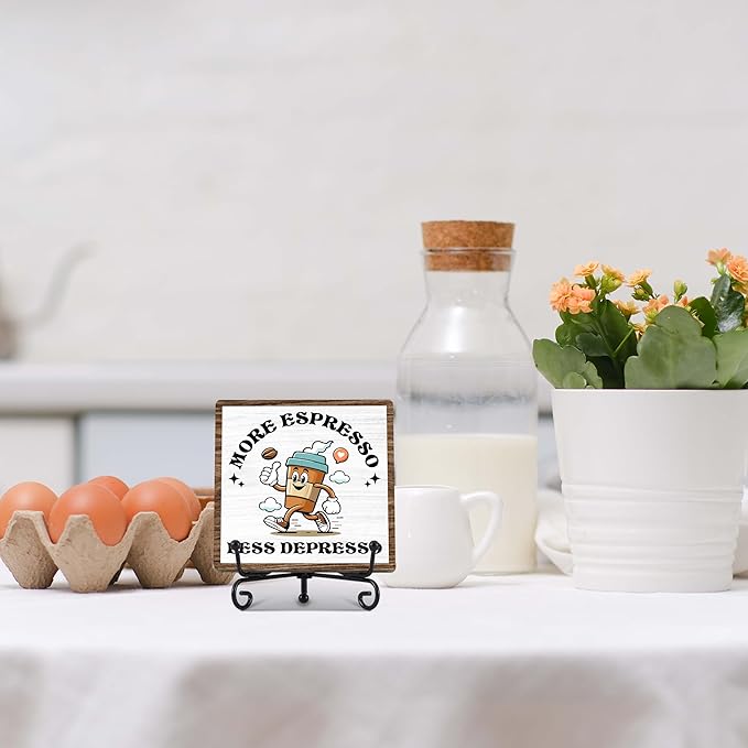 Coffee Bar Decor, Farmhouse Kitchen Table Decor, Coffee Station Accessories, Wooden Decorative Sign with Iron Stand for Table Desk Shelf Display-E25