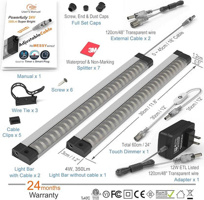 LED Under Cabinet Lighting Touch Under Cabinet Lights Built-in Adjustable Cable & External Cable 3 Panel Under Counter Lights for Kitchen 12W 1350Lm 3000K Warm White Closet Light for Timer