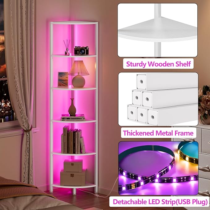 Furnulem 6 Tier Corner Shelf with LED Light, 67.5” Tall Standing Shelf Organizer, White Narrow Bookshelf with Storage Rack for Wall Corner, Living Room, Bedroom, Metal Frame, Wood Display Shelf