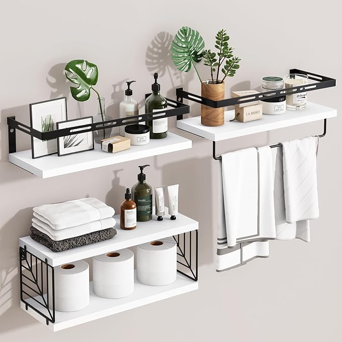 Fixwal Wall Mounted Bathroom Shelves Over Toilet, Rustic Wood Floating Shelves with Metal Frame and Towel Bar for Bathroom, Kitchen, Bedroom, Living Room (White)