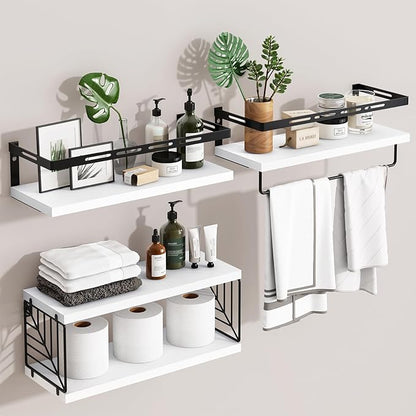Fixwal Wall Mounted Bathroom Shelves Over Toilet, Rustic Wood Floating Shelves with Metal Frame and Towel Bar for Bathroom, Kitchen, Bedroom, Living Room (White)