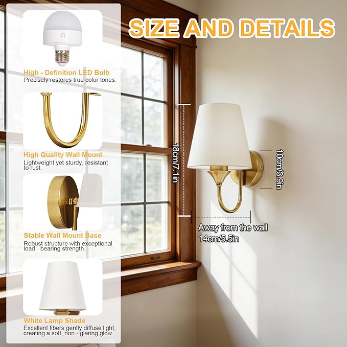 Battery Operated Wall Sconces Set of 2, Gold 10000mAh Rechargeable Dimmable LED Bulb, 15 Colors & Remote, with Fabric for Bedroom Living Room Hallway Staircase Decor