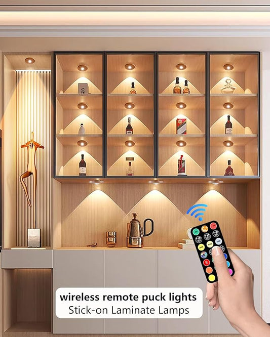 Puck lights with remote, 2000mAh rechargeable cabinet light, Under Cabinet Lighting Wireless, Display Cabinet, Dimmable Magnetic Stick-On Shelf , push lights battery operated，(Wood Color, 3 Pcs)
