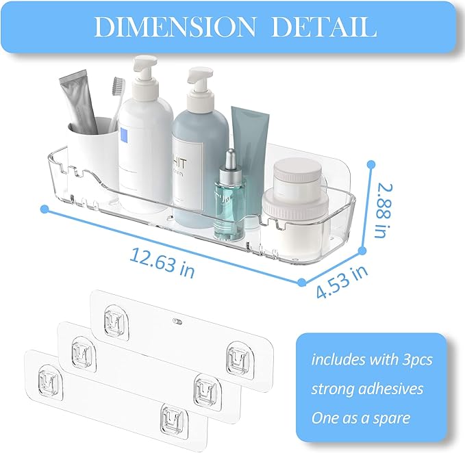 TZAMLI Acrylic Shower Caddy, Wall Mounted Adhesive Shelves with Lip, No Drilling Shower Organizer Clear Shelf for Bathroom Toilet Kitchen Storage, Long
