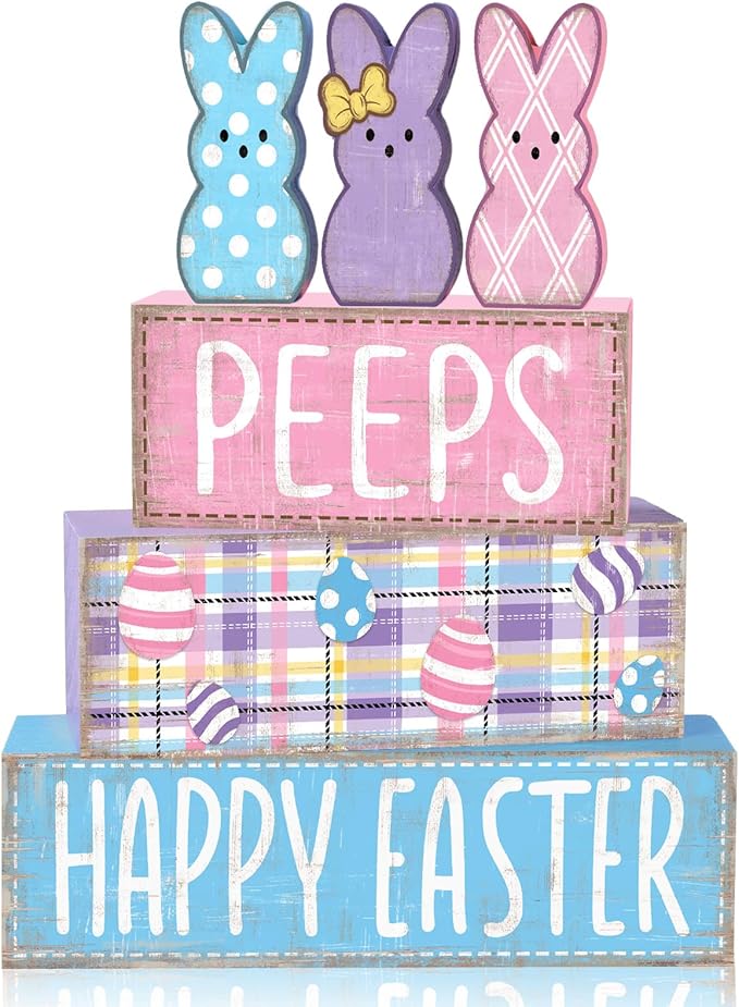 DIYDEC 6Pcs Easter Tabletop Decorations Colorful Bunny Wooden Block Signs Gift Rustic Tiered Tray Decor Happy Easter Centerpiece Farmhouse Wood Rabbit Table Sign for Kitchen Home Office Party Decor
