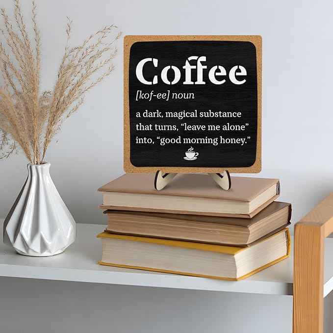 Vintage Coffee Bar Wooden Plaque Desk Sign, Farmhouse Wood Plaque Tabletop Decor for Cafe Bar Kitchen Office,Coffee Station Accessories 5.9x5.9Inch