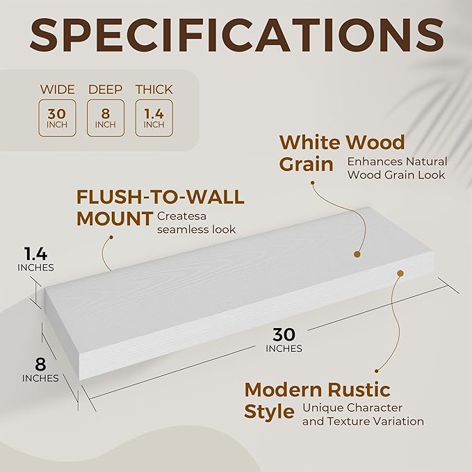 Dreamland 30 Inch Long Floating Shelves in White,8 Inch Deep Floating Shelf for Wall,Large Display & Storage Shelf, Wall Shelf for Bathroom Bedroom Living Room Kitchen Office，Set of 2