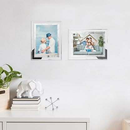5x7 Glass Picture Frame Set of 2, Tabletop Display Horizontally or Vertically, Silver Mirror Wedding Gifts 5 by 7 Photo Frames