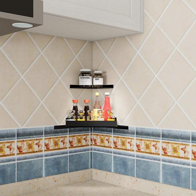 10 Inch Black Floating Corner Shelf Wall Mounted, Large Triangle Shelf for TV Box, Router, Speakers, Wine & Trophies
