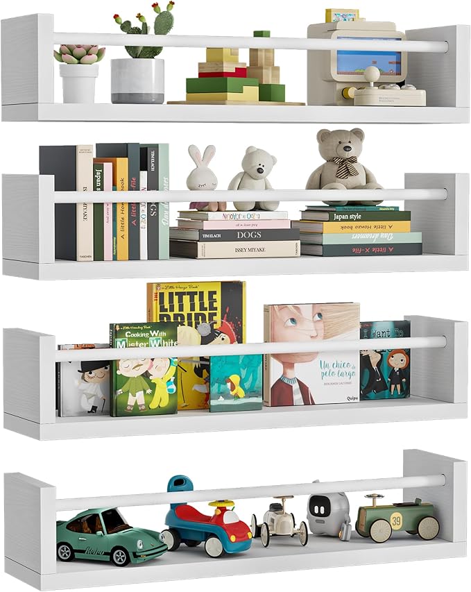 16.5" Wall Book Shelves for Kids - Floating Nursery Book Shelves Set of 4, White Wall Mounted Bookshelf for Kids Room, Toddler Bedroom Furniture & Toy Storage