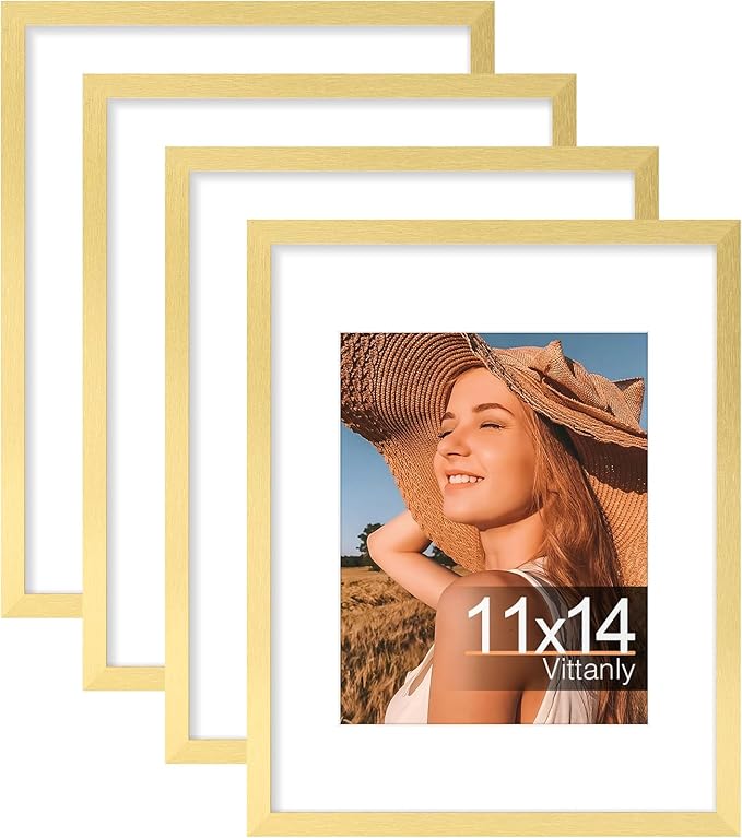 Vittanly 11x14 Picture Frames Set of 4, Display Pictures 8x10 with Mat or 11x14 without Mat, Gallery Wall Frame for Wall or Tabletop Display, Engineered Wood with Shatter Resistant Plexiglass, Gold