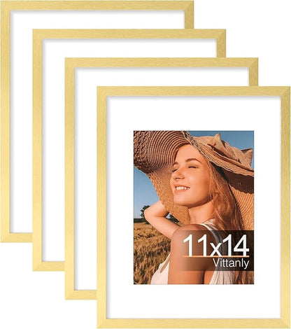 Vittanly 11x14 Picture Frames Set of 4, Display Pictures 8x10 with Mat or 11x14 without Mat, Gallery Wall Frame for Wall or Tabletop Display, Engineered Wood with Shatter Resistant Plexiglass, Gold