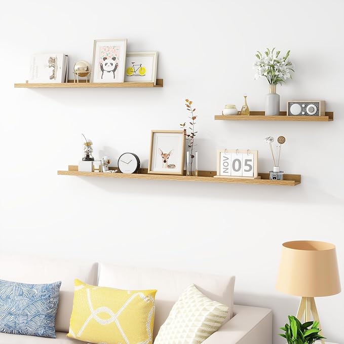 Picture Ledge Shelf, Wood Floating Shelves Set of 2, 36 inch Picture Ledge Shelves, Photo Ledge Nursery Book Shelves Wall Mounted for Living Room Kids' Room Bedroom, Color Oak