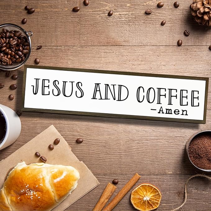 Christian Coffees Decor, Wall Decor Art, Rustic Coffee Station Decors, Coffees Home Decoration for Kitchen, Farmhouse Wall Plaque, Desktop Decors, Jesus and Coffee Amen Sign 17.8x4x1.2 inches