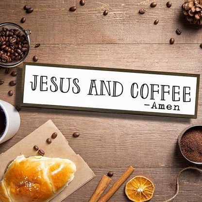 Christian Coffees Decor, Wall Decor Art, Rustic Coffee Station Decors, Coffees Home Decoration for Kitchen, Farmhouse Wall Plaque, Desktop Decors, Jesus and Coffee Amen Sign 17.8x4x1.2 inches