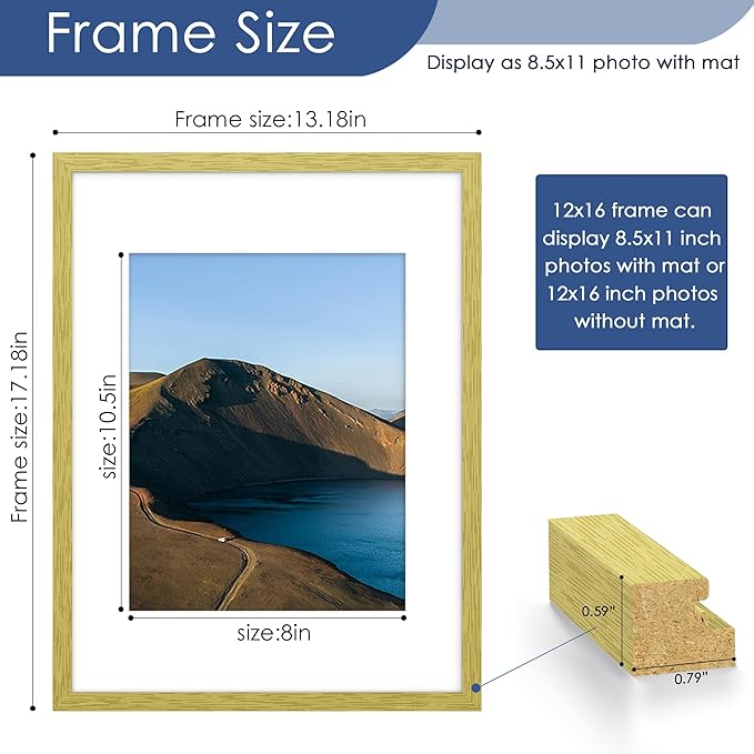 PEALSN 12x16 Picture Frame Set of 6, Display Pictures 8.5x11 with Mat or 12 x 16 without Mat for Wall Mounting Display, Photo Frames Collage for Wall Decor, Gold