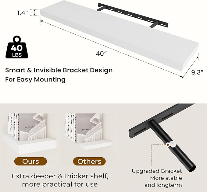 Dreamland 40 Inch Long Floating Shelves in White,9.3 Inch Deep Floating Shelf for Wall,Large Display & Storage Shelf, Wall Shelf for Bathroom Bedroom Living Room Kitchen Office，Set of 2