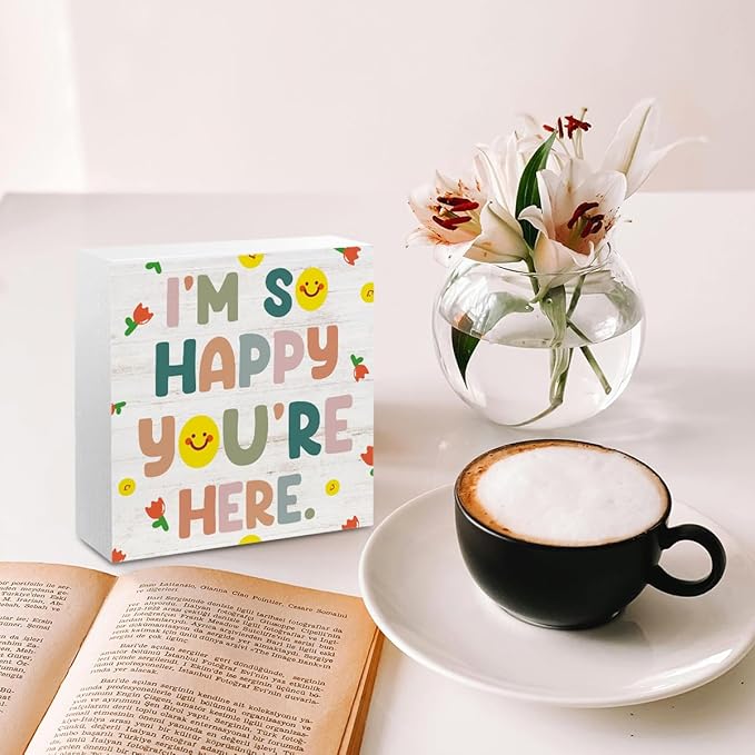 Classroom Decor Wooden Box Sign, inspirational Wood Box Sign, Inspirational Gifts Desk Decor Signs For Classroom, I Am So Happy You’re Here Boho Positive Decorative Signs