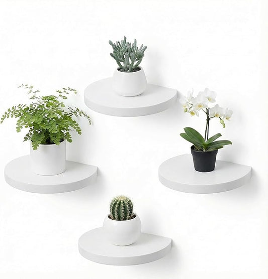 Small Wood Floating Shelves (4-Pack, 6-inch Diameter) - Round Sturdy Invisible Wall Mount Display for Small Plants,Toys,Bathroom,Living Room Storage & Modern Rustic Décor (White)