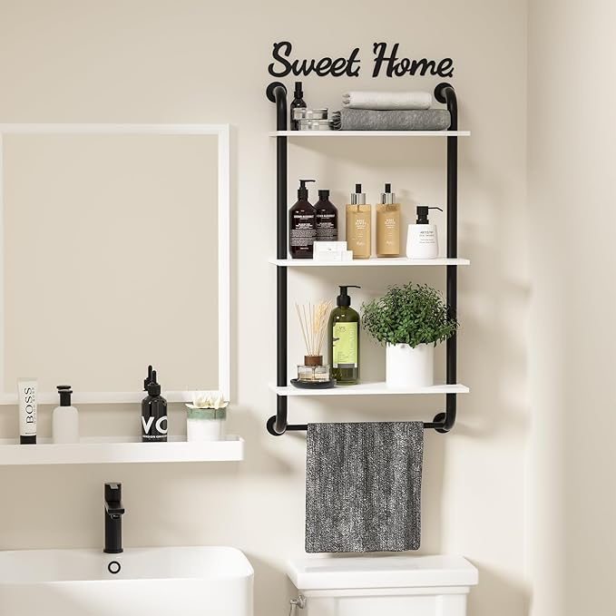 Wall Shelves 3-Tier, Bathroom Shelves Over Toilet, Rustic Industrial Pipe Shelf, Farmhouse Bathroom Decor, Floating Shelf Wall Decor for Bedroom, Living Room 17.3 inch, White
