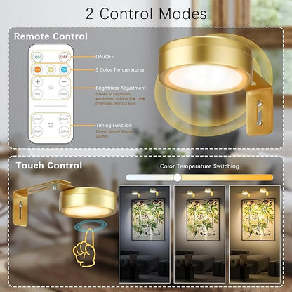 4 Pack Gold Battery Operated Picture Light, Wireless Picture Lights for Wall with Remote Dimmable Timer, Lighting Modes Pictures Frame Light for Artworking, Magnetic Painting Lights Wall Decor