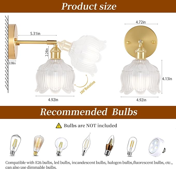 Vintage Battery Wall Sconce with Flower lampshade,Rechargeable Battery Powered Wall Lights,Wall lamp with 15 Colors for Bedroom Living Room Home Decor (Flower White, 2 Light Battery Operated)