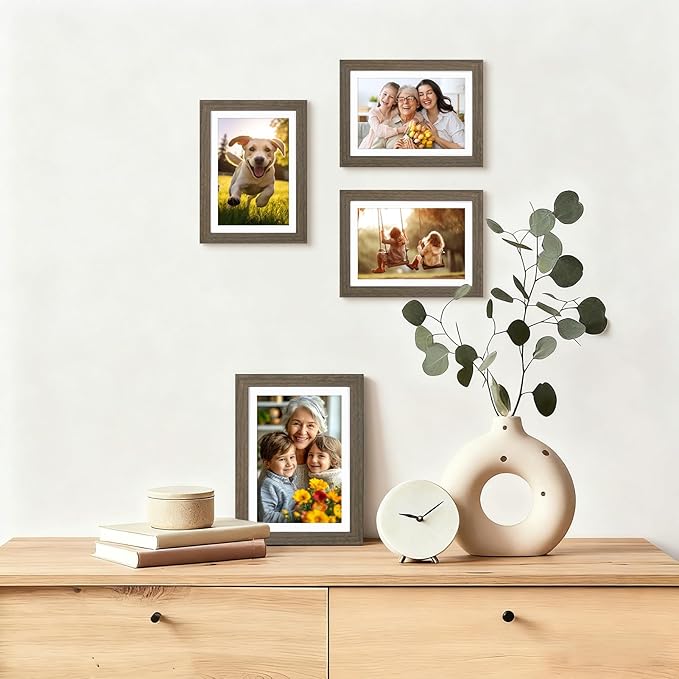 ATOBART 5x7 Picture Frame Set of 4, Displays 4x6 with Mat or 5x7 Without Mat, Photo Frames for Wall Hanging or Tabletop, Includes HD Plexiglass, Brown