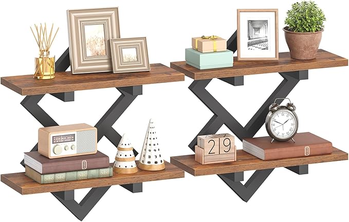 HOOBRO 15" Floating Shelves for Wall, Set of 2 Wall shelf, 2-Tier Hanging Shelves, Wall Mounted Storage Shelf, Display Rack, for Living Room Bedroom Kitchen Bathroom, Rustic Brown and Black BF14BJP201