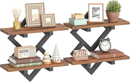 HOOBRO 15" Floating Shelves for Wall, Set of 2 Wall shelf, 2-Tier Hanging Shelves, Wall Mounted Storage Shelf, Display Rack, for Living Room Bedroom Kitchen Bathroom, Rustic Brown and Black BF14BJP201