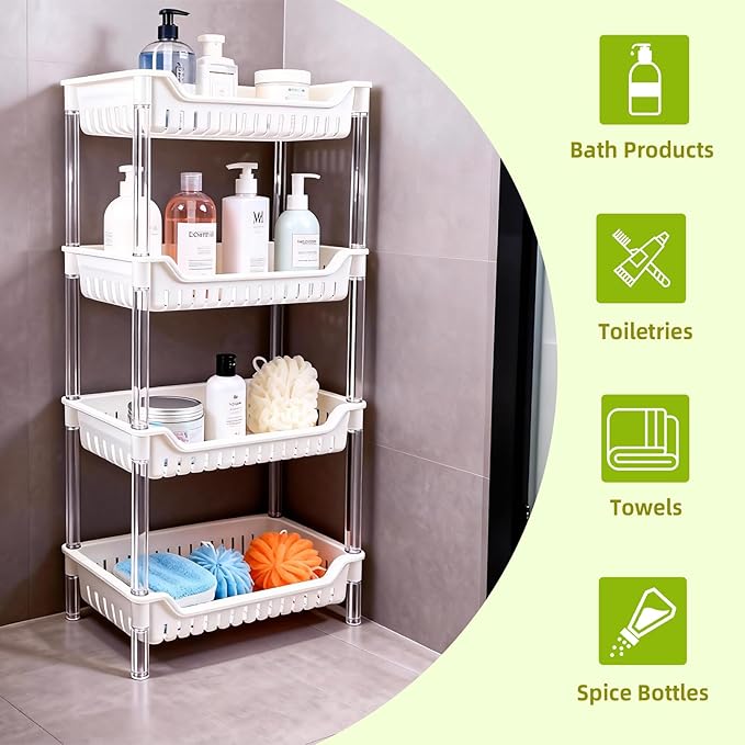 4-Tier Standing Shelf Unit with Drainage Baskets – Sturdy Bathroom & Shower Organizer, Over The Toilet Storage, Space-Saving Shelf for Bathroom Essentials, Towels, & Toiletries