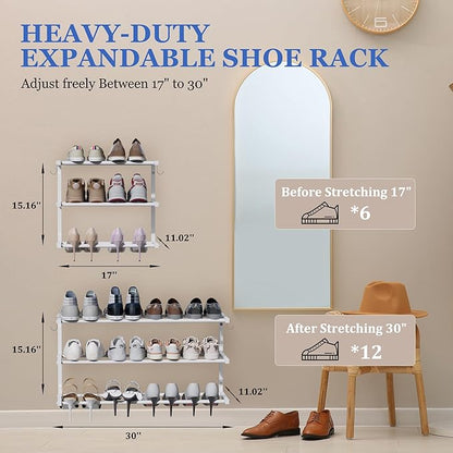4 Pack Wall Mounted Shoe Rack, 3 Tier Hanging Shoe Rack Holds 48 Pairs, 17"-30"Adjustable Heavy Duty Metal Shoe Organizer Holder with 8 Storage Hooks, Space Saving for Closet Entryway Doorway（White)