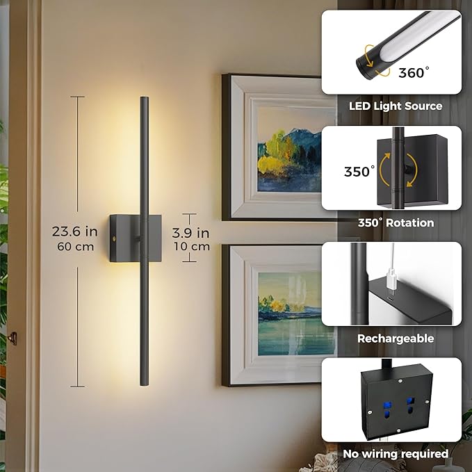 L LOHAS LED Battery Operated Wall Sconces Set of 2, Battery Wall Sconce 10000mAh, Black Rechargeable Sconces 3CCT, 23.7 Inch Wireless Wall Lights, Sconce Wall Decor for Bedroom, Living Room