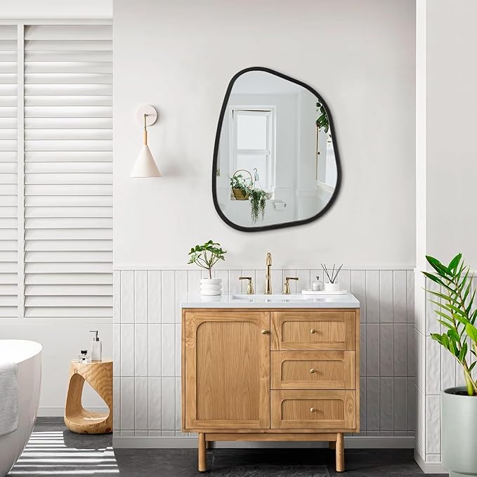 Irregular Wall Mirror Asymmetrical White Mirror Modern Wood Frame Unique Shape Wall Mounted Vanity Artistic Mirror Decor for Living Room Bedroom Bathroom Entryway Hallway 20